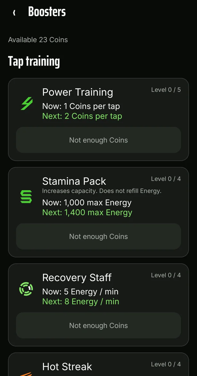 The Boosters screen with level, current effect and next effect for each booster