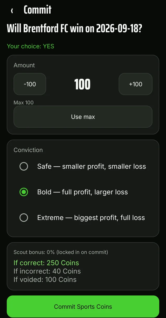 The Commit screen with amount, Conviction options and the result preview