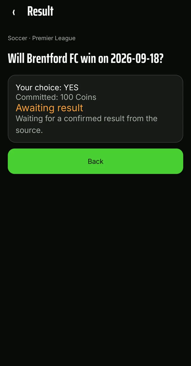 The Result screen showing a pick that is awaiting an official result