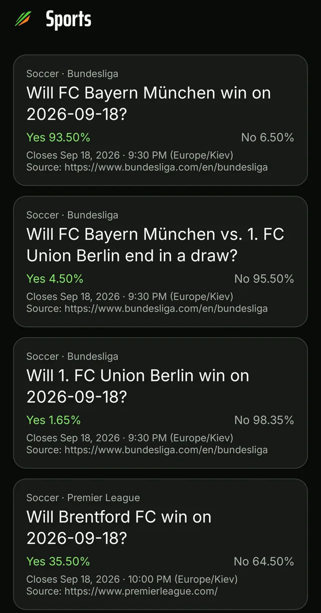 The Sports feed with cards for upcoming matches
